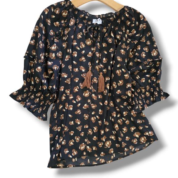 THML Women’s Black Brown Abstract Print Tassel Tie Blouse – Large - Picture 2 of 9